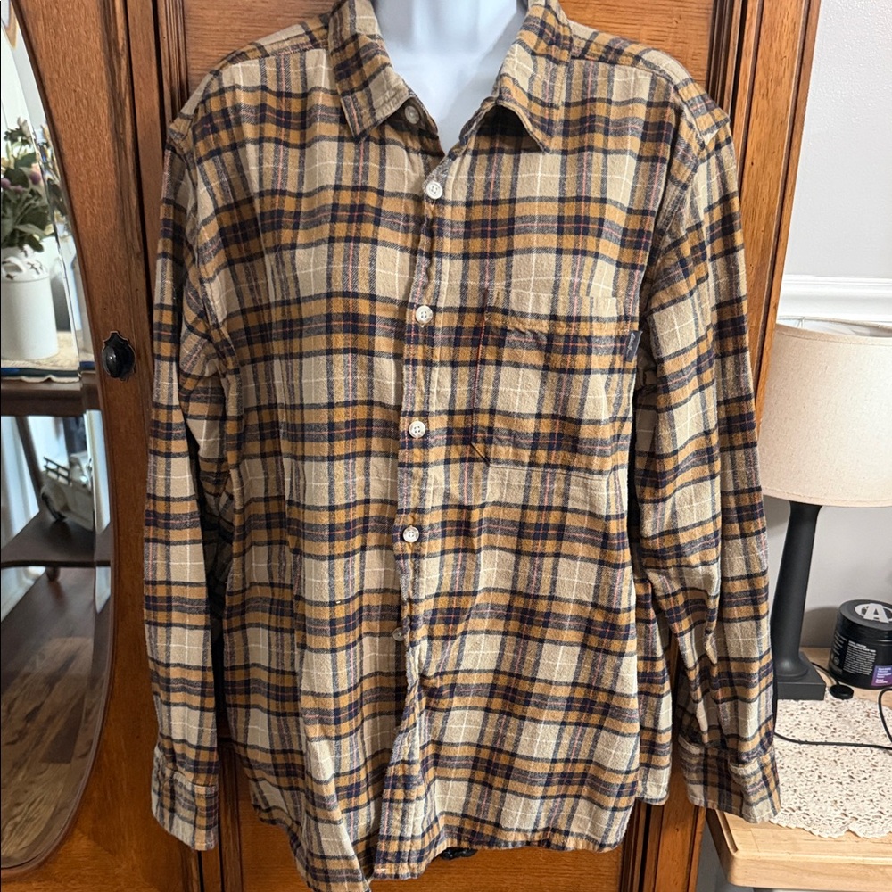Eddie Bauer Yellow and Brown Plaid Button-Up Shirt